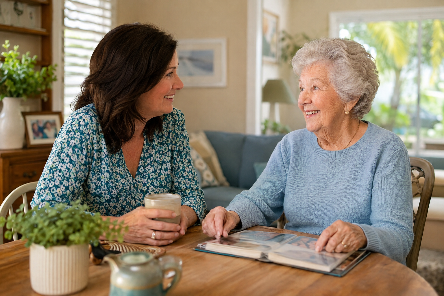 A friendly companion visiting an older woman at home and looking through family photographs together