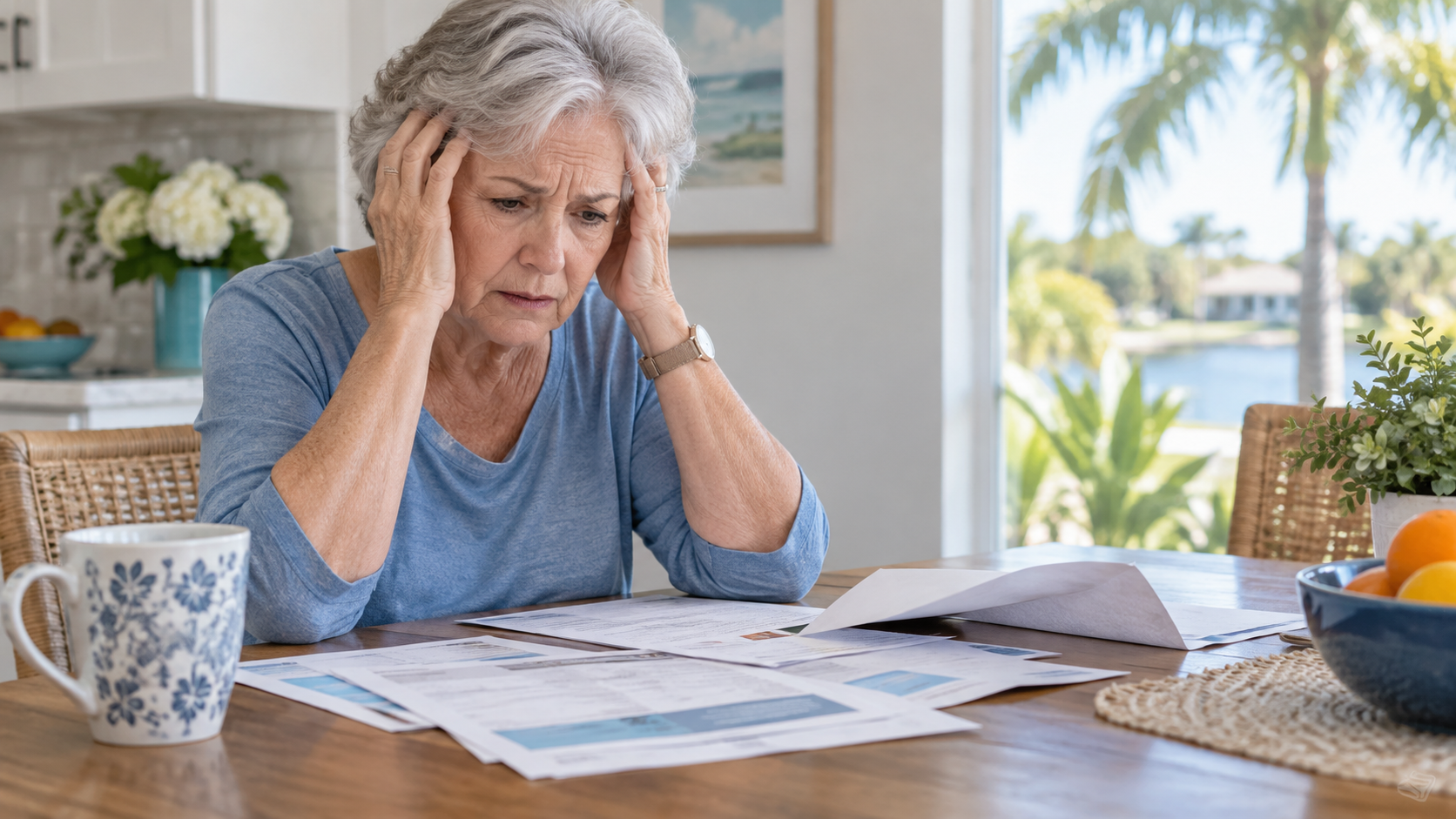 A worried older woman reviewing Medicare Advantage plan paperwork at home
