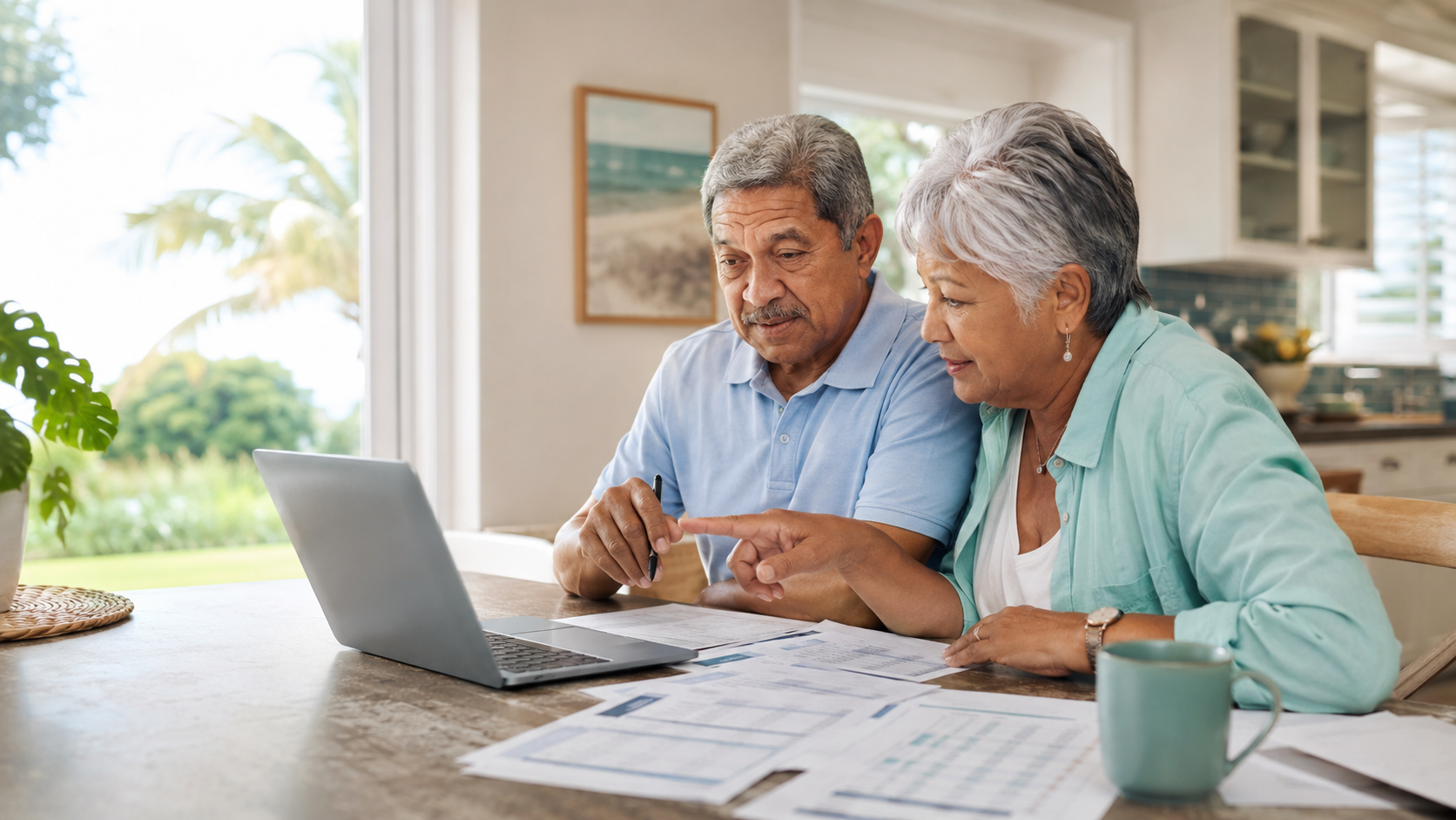 Central Florida senior couple comparing Medicare plan choices together on a laptop