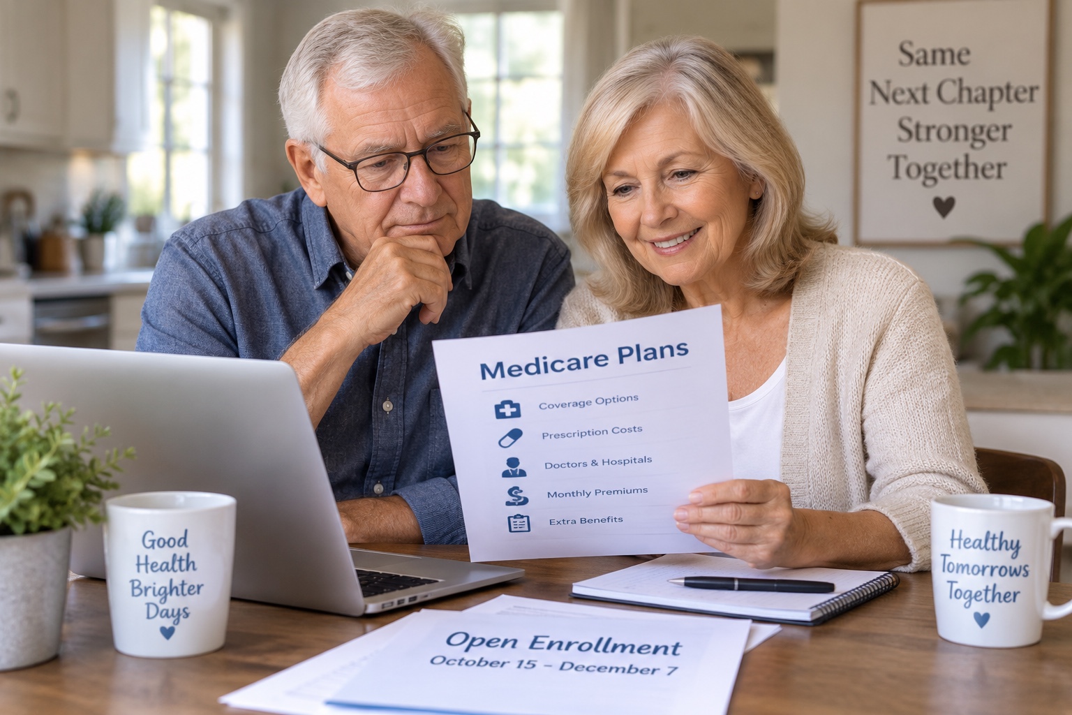 Central Florida senior couple reviewing a Medicare Open Enrollment checklist at their kitchen table