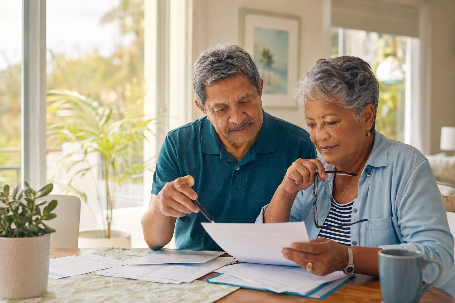 Central Florida senior couple reviewing a Medicare Open Enrollment checklist at their kitchen table
