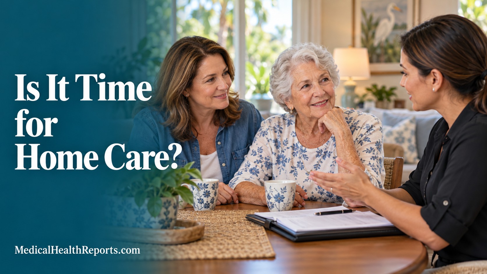 An older mother and her adult daughter discuss home-care support with a caregiver. Text reads: Is It Time for Home Care?